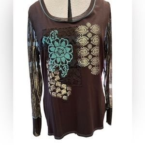 Christopher & Banks XL blouse, boho, sheer long sleeves, brown